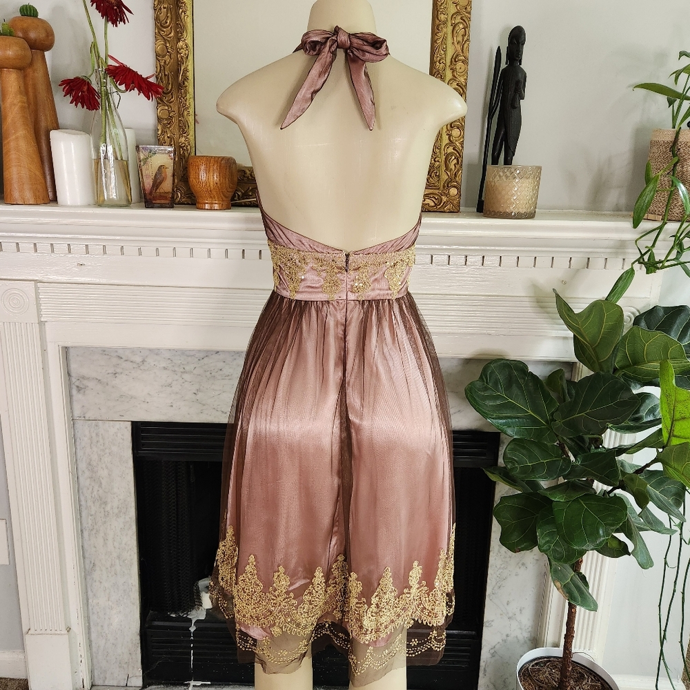 Adrianna Papell Boutique Mocha Brown Pink Gold Halter Dress Beaded Cocktail Sz 4 - Picture 10 of 14